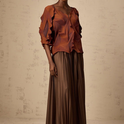 Ida Brown Pleated Skirt and Top Set