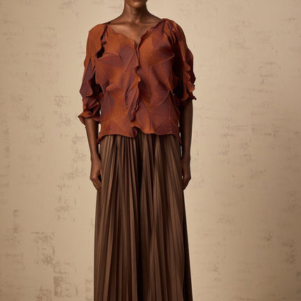 Ida Brown Pleated Skirt and V-Neck Top Set in Terylene Fiber