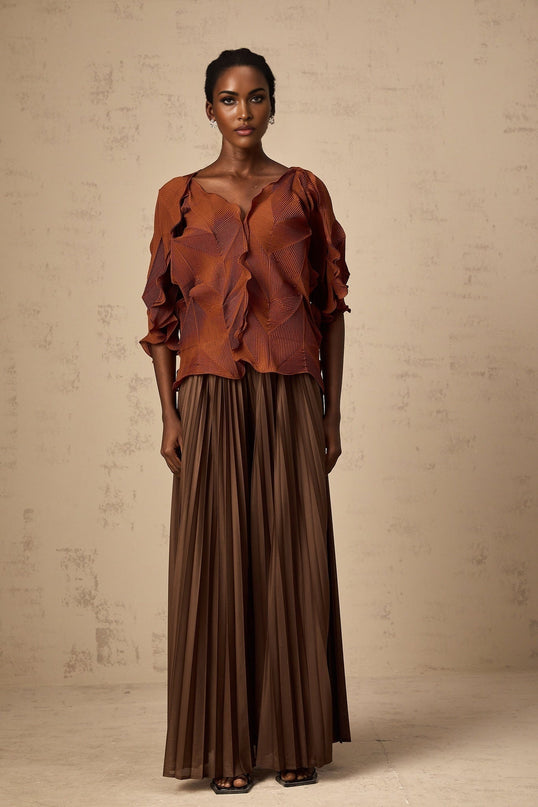 Ida Brown Pleated Skirt and V-Neck Top Set in Terylene Fiber
