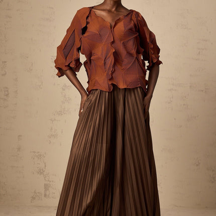Ida Brown Pleated Skirt and V-Neck Top Set