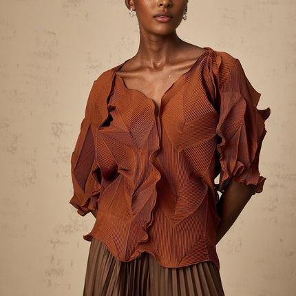 Ida Brown Pleated Skirt and V-Neck Top Set