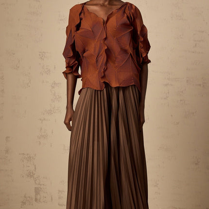 Ida Brown Pleated Skirt and V-Neck Top Set