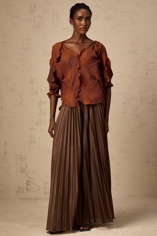 Ida Brown Pleated Skirt and V-Neck Top Set
