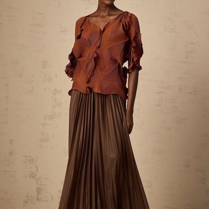 Ida Brown Terylene Fiber V-Neck Top and Maxi Skirt Set
