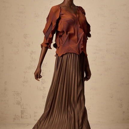 Ida Brown Terylene V-Neck Top and Maxi Skirt Set