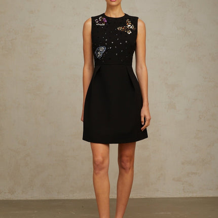 Ilaria Black Butterfly Sequin Mini Dress Terylene Fiber Round Neck Thigh Length Zip Fastening