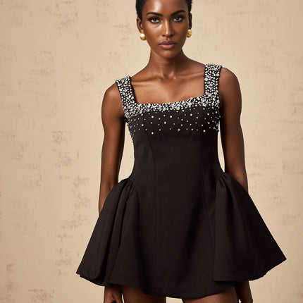 Ilaria Black Square Neckline Mini Dress with Pleated Detailing and Crystal Embellishments