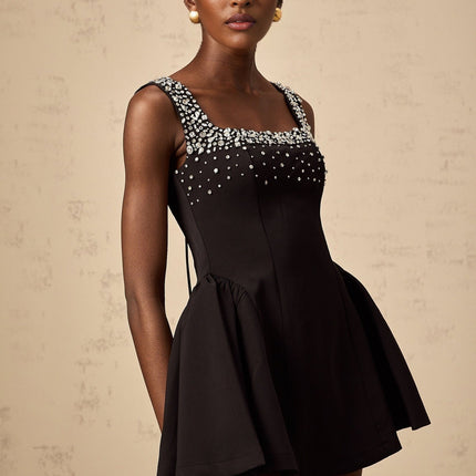 Ilaria Black Mini Dress Square Neckline Sleeveless Pleated Flared Skirt Crystal Embellishments Zip Fastening Tie Closure 100% Polyester Fiber
