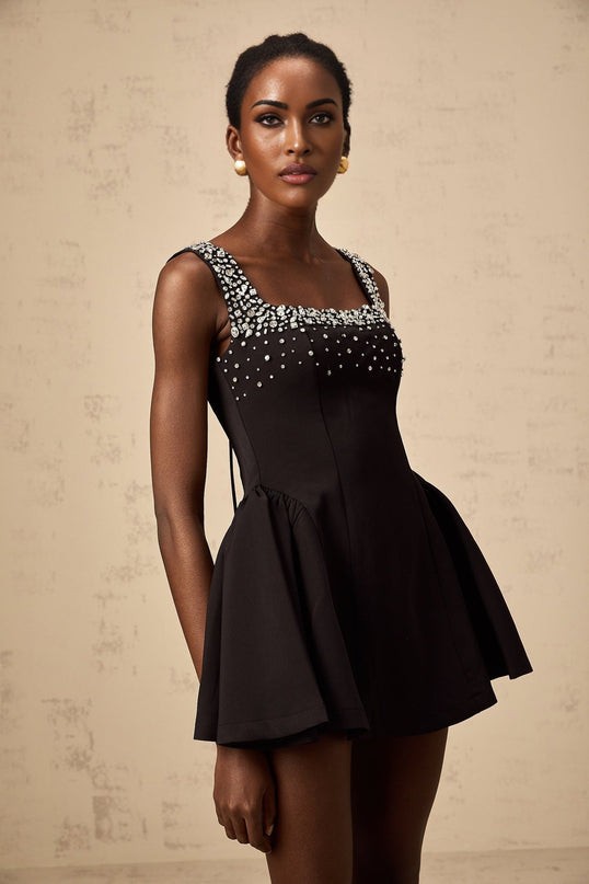 Ilaria Black Mini Dress Square Neckline Sleeveless Pleated Flared Skirt Crystal Embellishments Zip Fastening Tie Closure 100% Polyester Fiber