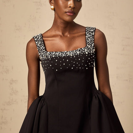 Ilaria Black Square Neckline Sleeveless Mini Dress with Pleated Detailing and Crystal Embellishments
