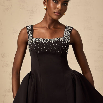 Ilaria Black Mini Dress Square Neckline Sleeveless Pleated Flared Skirt Crystal Embellishments Zip Fastening Tie Closure 100% Polyester Fiber