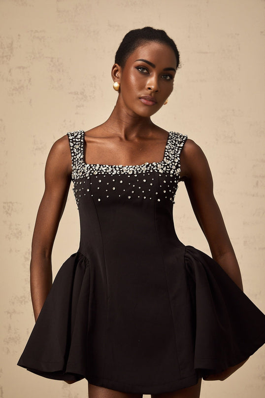 Ilaria Black Mini Dress Square Neckline Sleeveless Pleated Flared Skirt Crystal Embellishments Zip Fastening Tie Closure 100% Polyester Fiber
