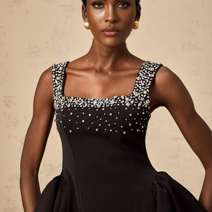 Ilaria Black Square Neckline Sleeveless Mini Dress with Pleated Detailing and Crystal Embellishments