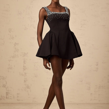 Ilaria Black Sleeveless Square Neck Pleated Mini Dress with Crystal Embellishments
