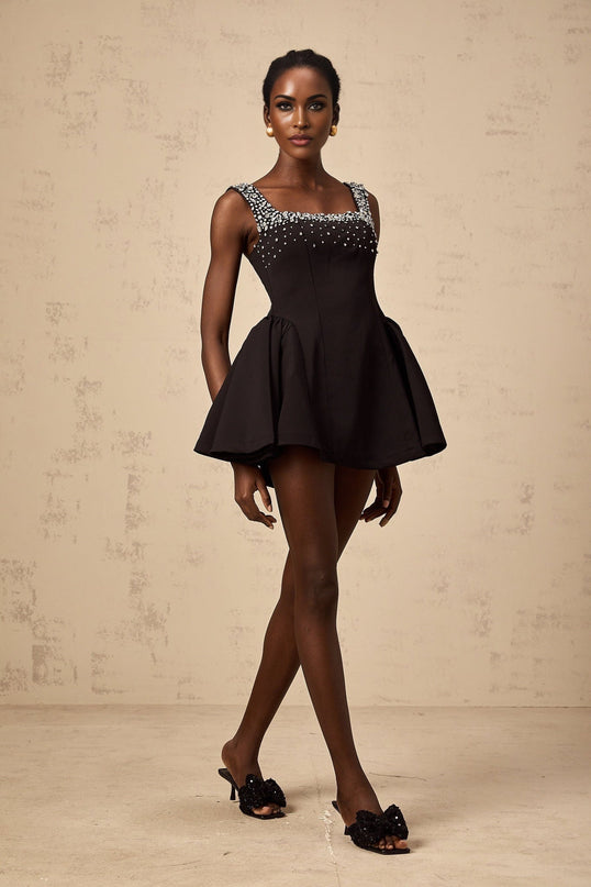 Ilaria Black Sleeveless Square Neck Pleated Mini Dress with Crystal Embellishments
