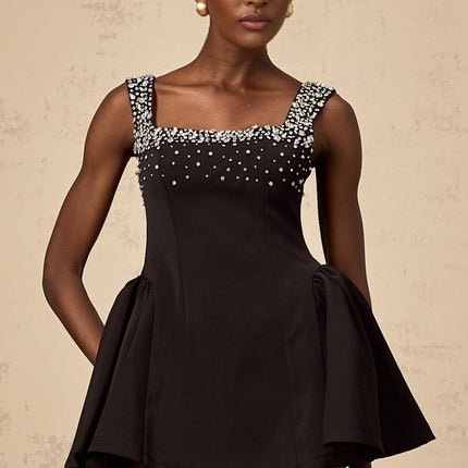 Ilaria Black Sleeveless Square Neck Pleated Mini Dress with Crystal Embellishments