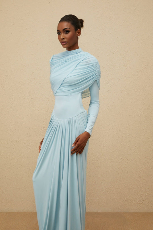 Ilaria Blue Maxi Dress Mesh Shawl Luxury Elegance Sophistication Crew Neck Long Sleeves Floor-Length Special Occasions Glamour Polyamide Elastane Modern