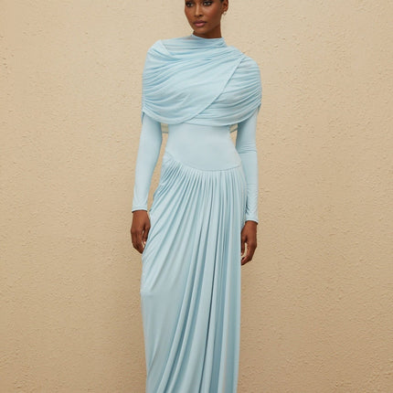 Ilaria Blue Maxi Dress Mesh Shawl Luxury Style Sophisticated Elegance
