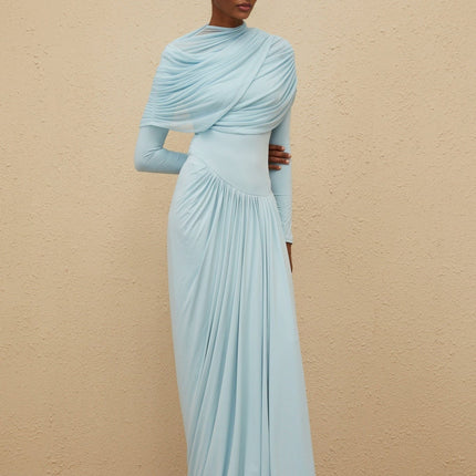 Ilaria Blue Maxi Dress Mesh Shawl Luxury Style Pleated Crew Neck Long Sleeves Floor-Length Glamour Special Occasions Slip-On Polyamide Elastane Modern Sophistication