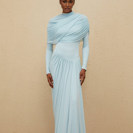 Ilaria Blue Maxi Dress Mesh Shawl Luxury Style Pleated Detailing Asymmetrical Design Draped Accents Floor-Length Silhouette Crew Neck Long Sleeves Refined Glamour Slip-On Style Polyamide Elastane Modern Sophistication