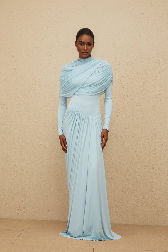 Ilaria Blue Maxi Dress Mesh Shawl Luxury Style Pleated Detailing Asymmetrical Design Draped Accents Floor-Length Silhouette Crew Neck Long Sleeves Refined Glamour Slip-On Style Polyamide Elastane Modern Sophistication