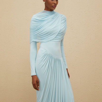 Ilaria Blue Maxi Dress Mesh Shawl Luxury Elegance Sophistication Dramatic Floor-Length Glamour Crew Neck Long Sleeves Special Occasions Slip-On Style Polyamide Elastane Modern Sophistication