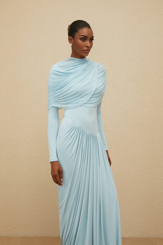 Ilaria Blue Maxi Dress Mesh Shawl Luxury Elegance Sophistication Dramatic Floor-Length Glamour Crew Neck Long Sleeves Special Occasions Slip-On Style Polyamide Elastane Modern Sophistication