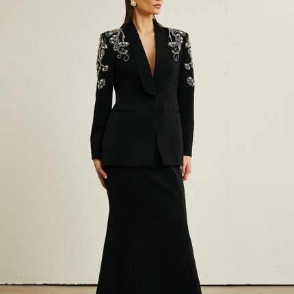 Ilenia Black Crystal Embellished Jacket and Skirt Set