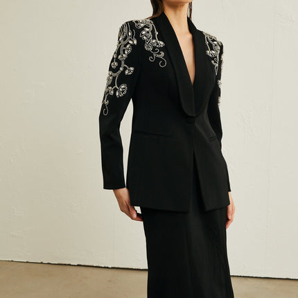 Ilenia Black Crystal Embellished Jacket Skirt Set