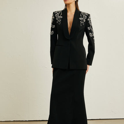 Ilenia Black Crystal Embellished Jacket and Skirt Set