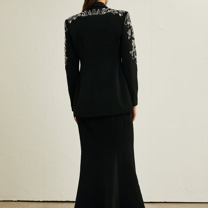 Ilenia Black Crystal Embellished Jacket and Skirt Set