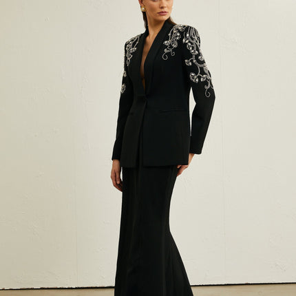 Ilenia Black Crystal Embellished Jacket and Skirt Set