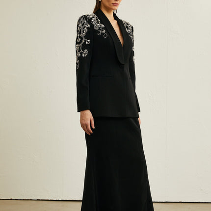 Ilenia Black Crystal Embellished Jacket and Skirt Set
