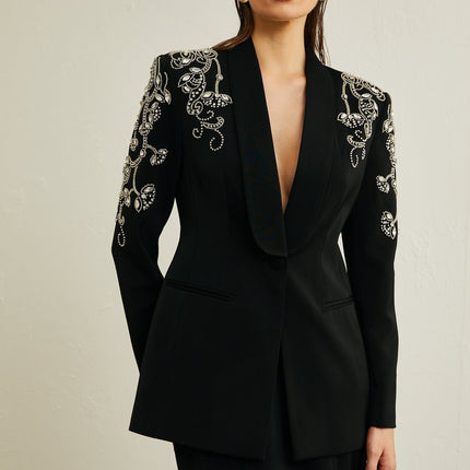 Ilenia Black Crystal Embellished Jacket Skirt Set