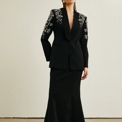 Ilenia Black Crystal Embellished Jacket and Skirt Set