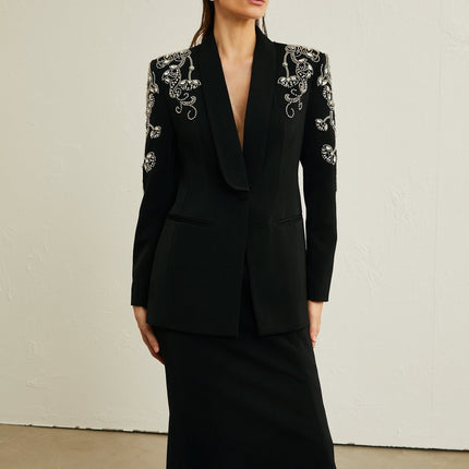 Ilenia Black Crystal Embellished Jacket and Skirt Set