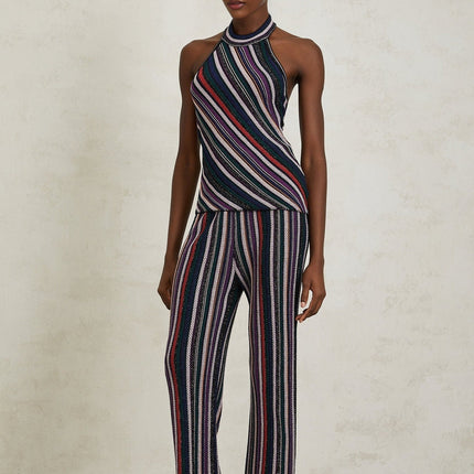 Ilenia Knit Stripe Purple Halterneck Top and Trousers Set