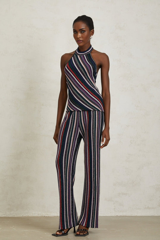 Ilenia Knit Stripe Purple Halterneck Top and Trousers Set