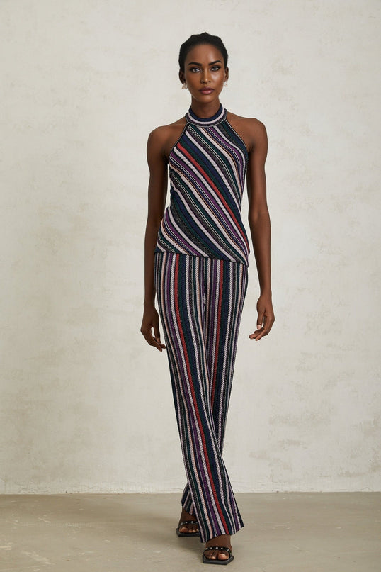 Ilenia Knit Stripe Purple Halterneck top and trousers set
