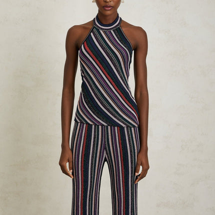Ilenia Knit Stripe Purple Halterneck Set with Metallic Threading