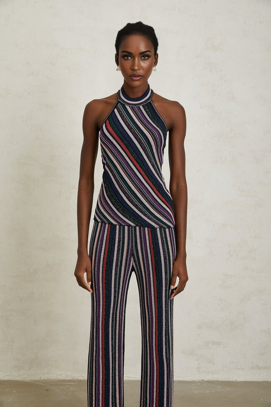 Ilenia Knit Stripe Purple Halterneck Set with Metallic Threading