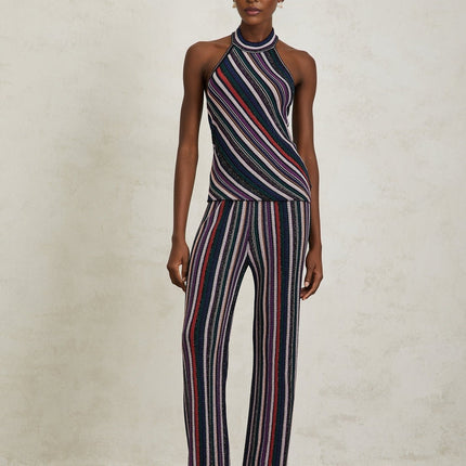 Ilenia Knit Stripe Purple Halterneck Top and Trousers Set