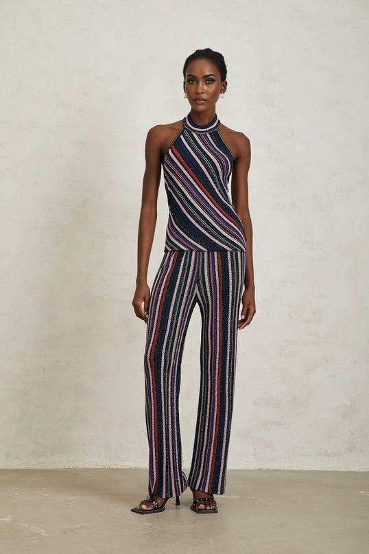 Ilenia Knit Stripe Purple Halterneck Top and Trousers Set