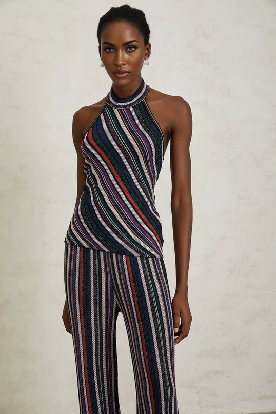 Ilenia Knit Stripe Purple Halterneck Set with Metallic Threading