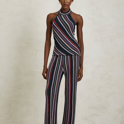 Ilenia Knit Stripe Purple Halterneck Top and Trousers Set