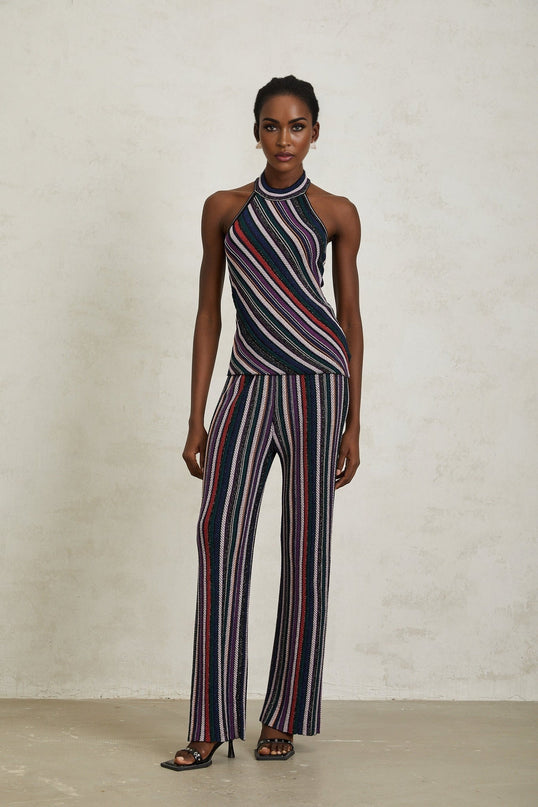 Ilenia Knit Stripe Purple Halterneck Top and Trousers Set