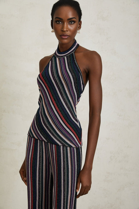 Ilenia Purple Knit Stripe Halterneck Set