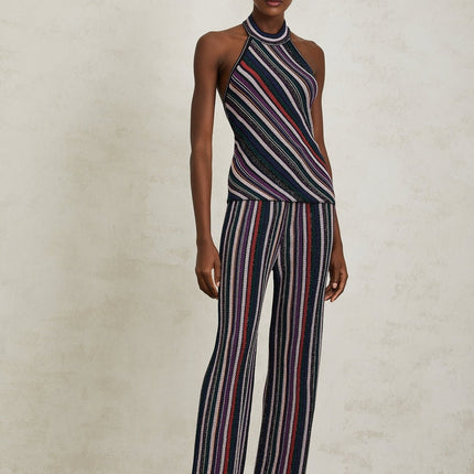 Ilenia Purple Knit Stripe Halterneck Top and Trousers Set