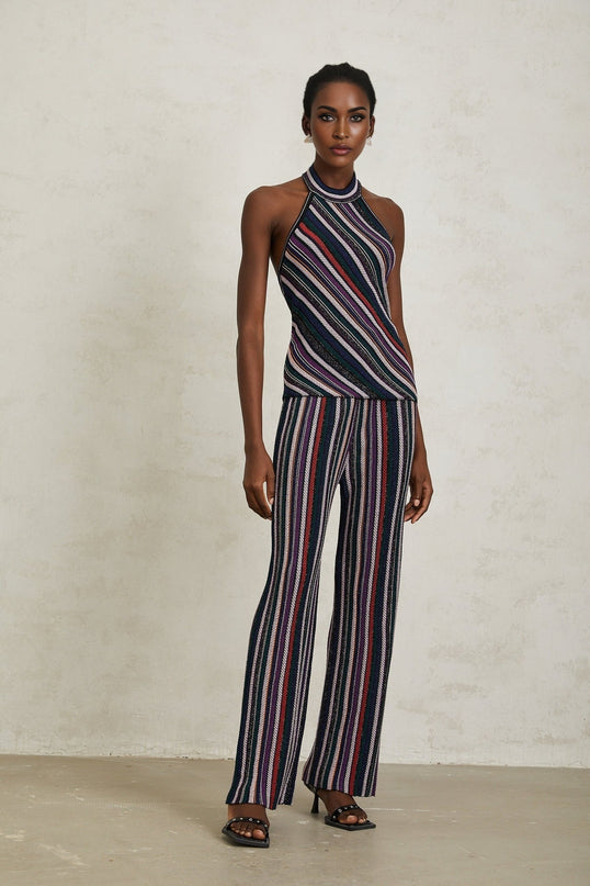 Ilenia Purple Knit Stripe Halterneck Top and Trousers Set