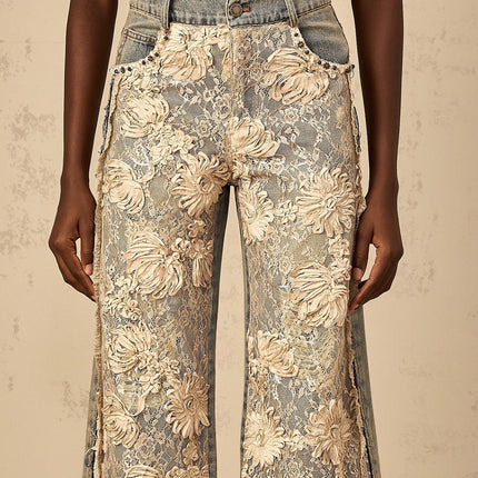 Iliana Blue Lace Panel Wide Leg Jeans Premium Denim Floral Detailing